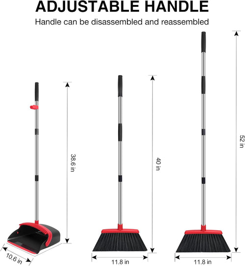 Adjustable Broom & Dustpan Set – 52" Long Handle Floor Sweeper with Built-In Hair Cleaning Teeth