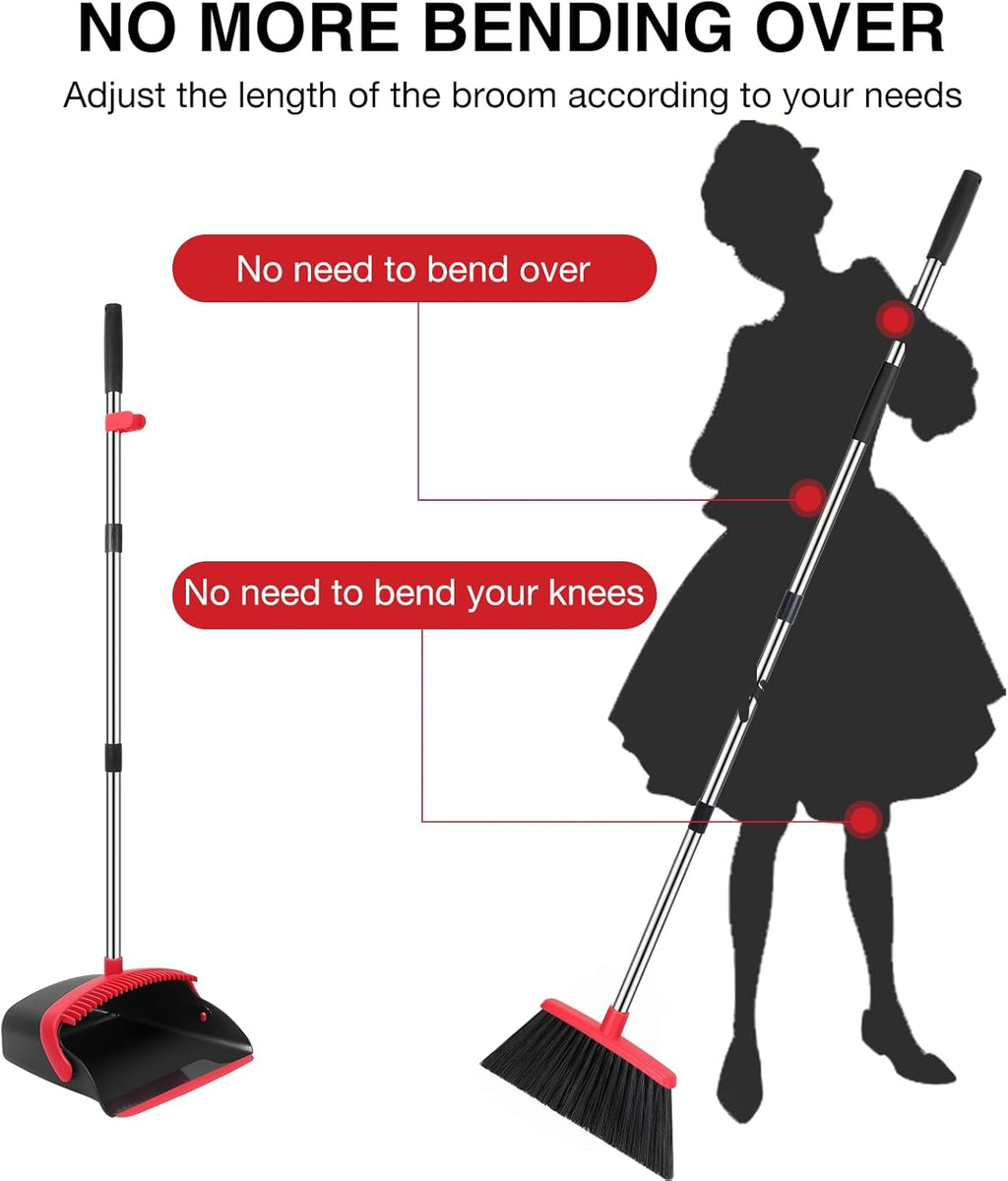 Adjustable Broom & Dustpan Set – 52" Long Handle Floor Sweeper with Built-In Hair Cleaning Teeth