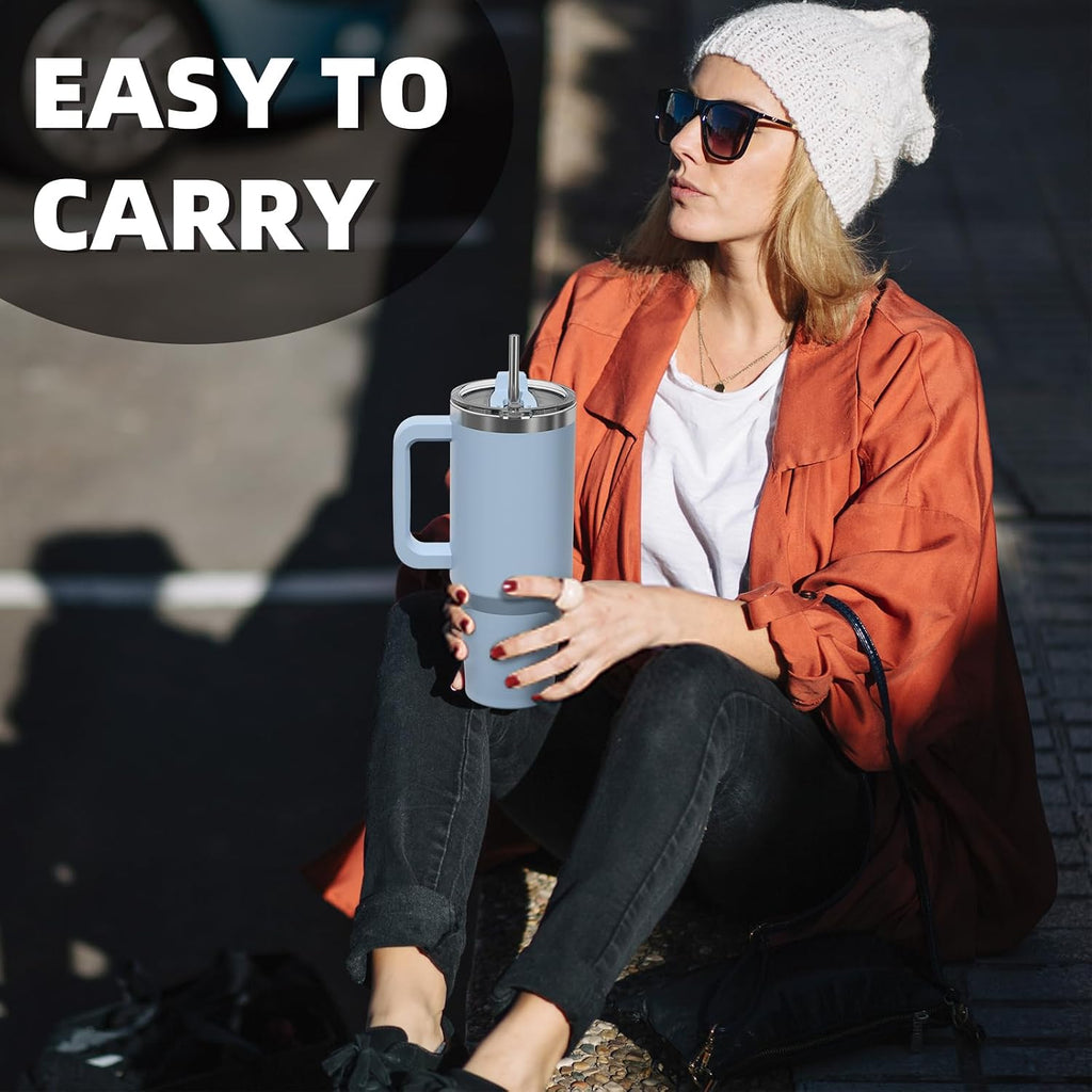 40oz Stainless Steel Travel Tumbler – Double-Wall Insulated Coffee Cup with Handle & Straw Lid, Smog Blueac