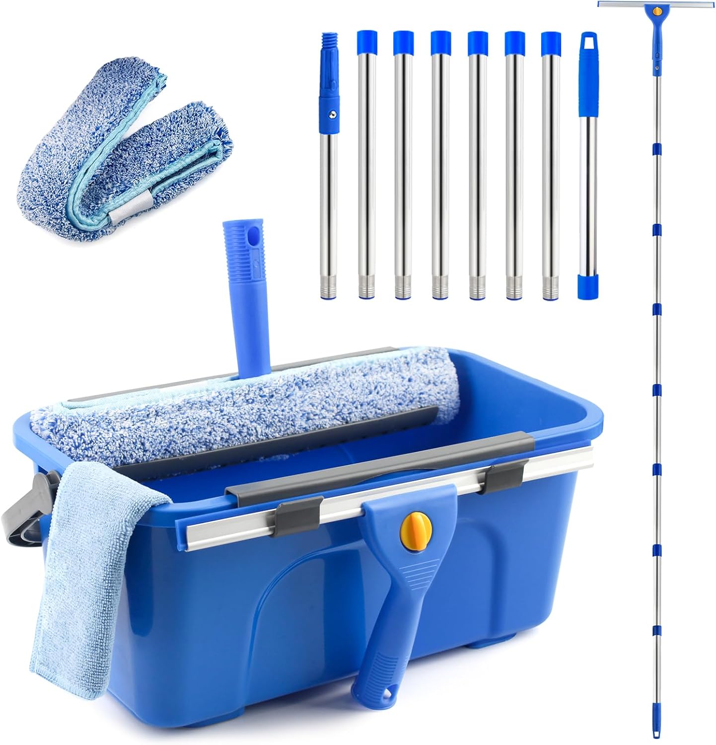 3m Professional Window Cleaning Kit with 12L Bucket – Long Handle Squeegee & Scrubber for High Windows