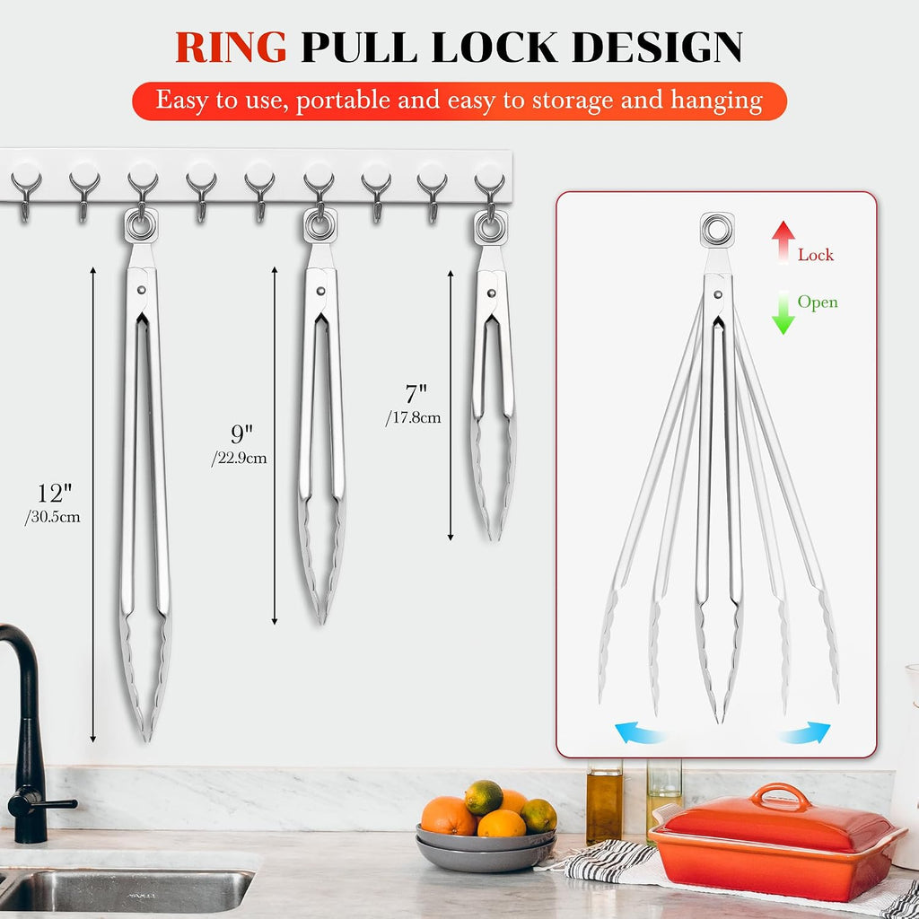 7/9/12 Inch Stainless Steel Kitchen Tongs – Heat Resistant Cooking & BBQ Grilling Tongs