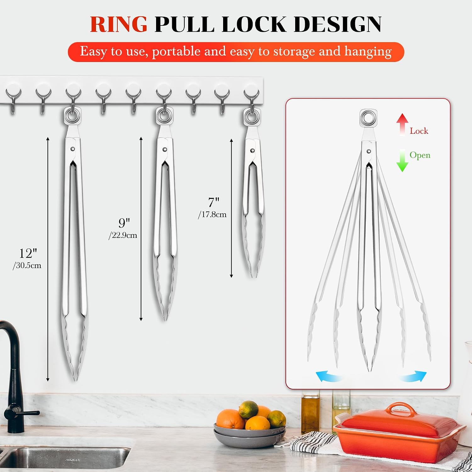 7/9/12 Inch Stainless Steel Kitchen Tongs – Heat Resistant Cooking & BBQ Grilling Tongs