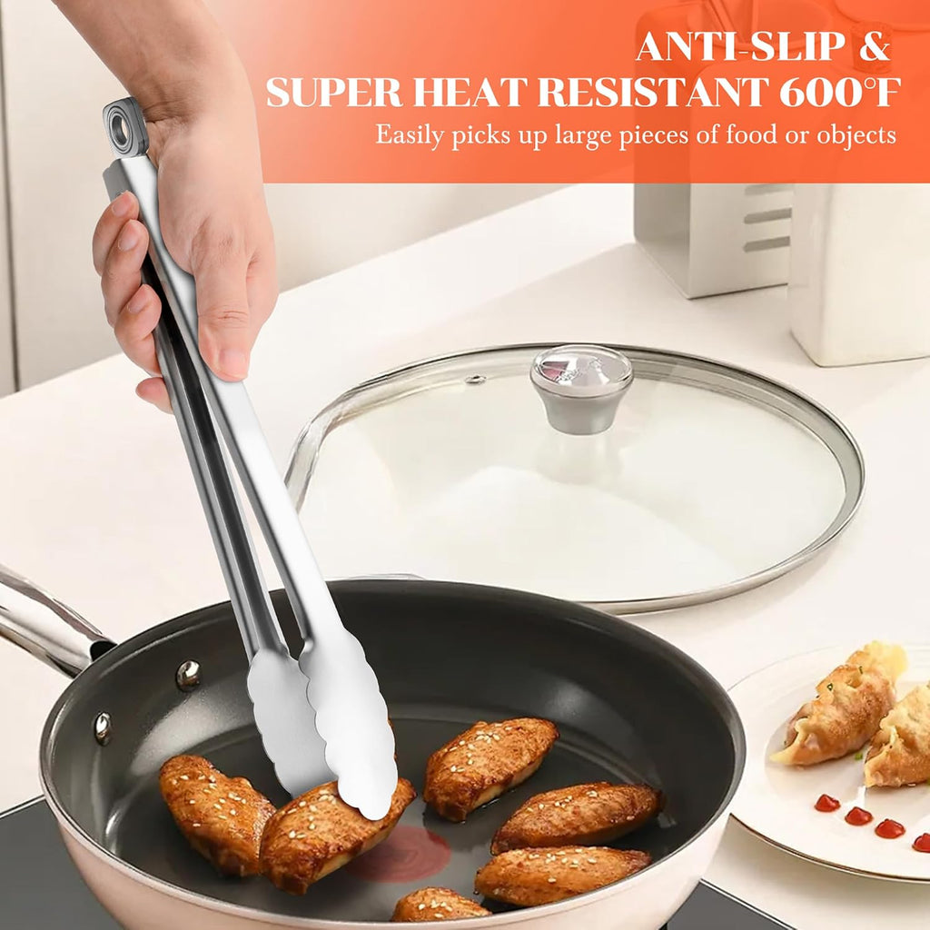 7/9/12 Inch Stainless Steel Kitchen Tongs – Heat Resistant Cooking & BBQ Grilling Tongs