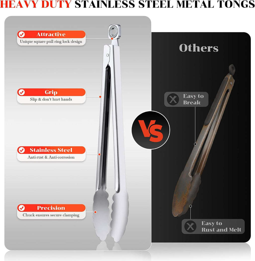 7/9/12 Inch Stainless Steel Kitchen Tongs – Heat Resistant Cooking & BBQ Grilling Tongs