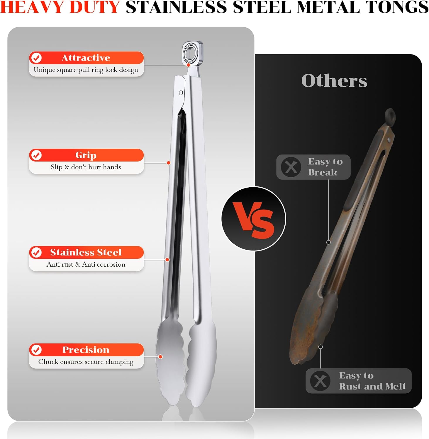 7/9/12 Inch Stainless Steel Kitchen Tongs – Heat Resistant Cooking & BBQ Grilling Tongs