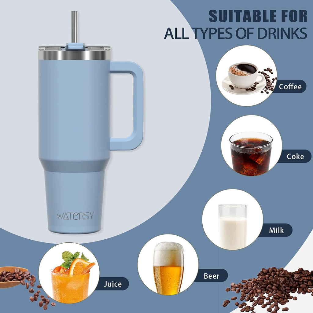 40oz Stainless Steel Travel Tumbler – Double-Wall Insulated Coffee Cup with Handle & Straw Lid, Smog Blueac