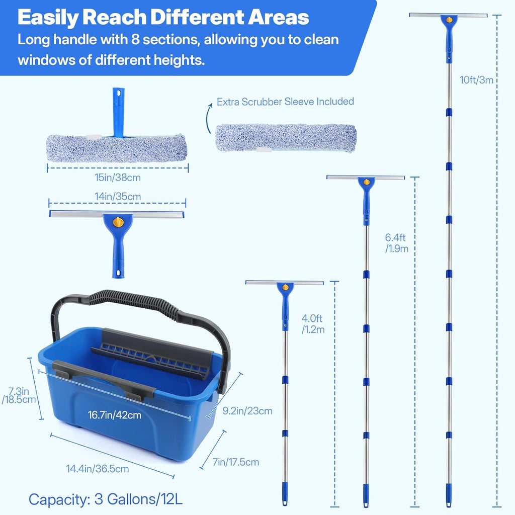 3m Professional Window Cleaning Kit with 12L Bucket – Long Handle Squeegee & Scrubber for High Windows