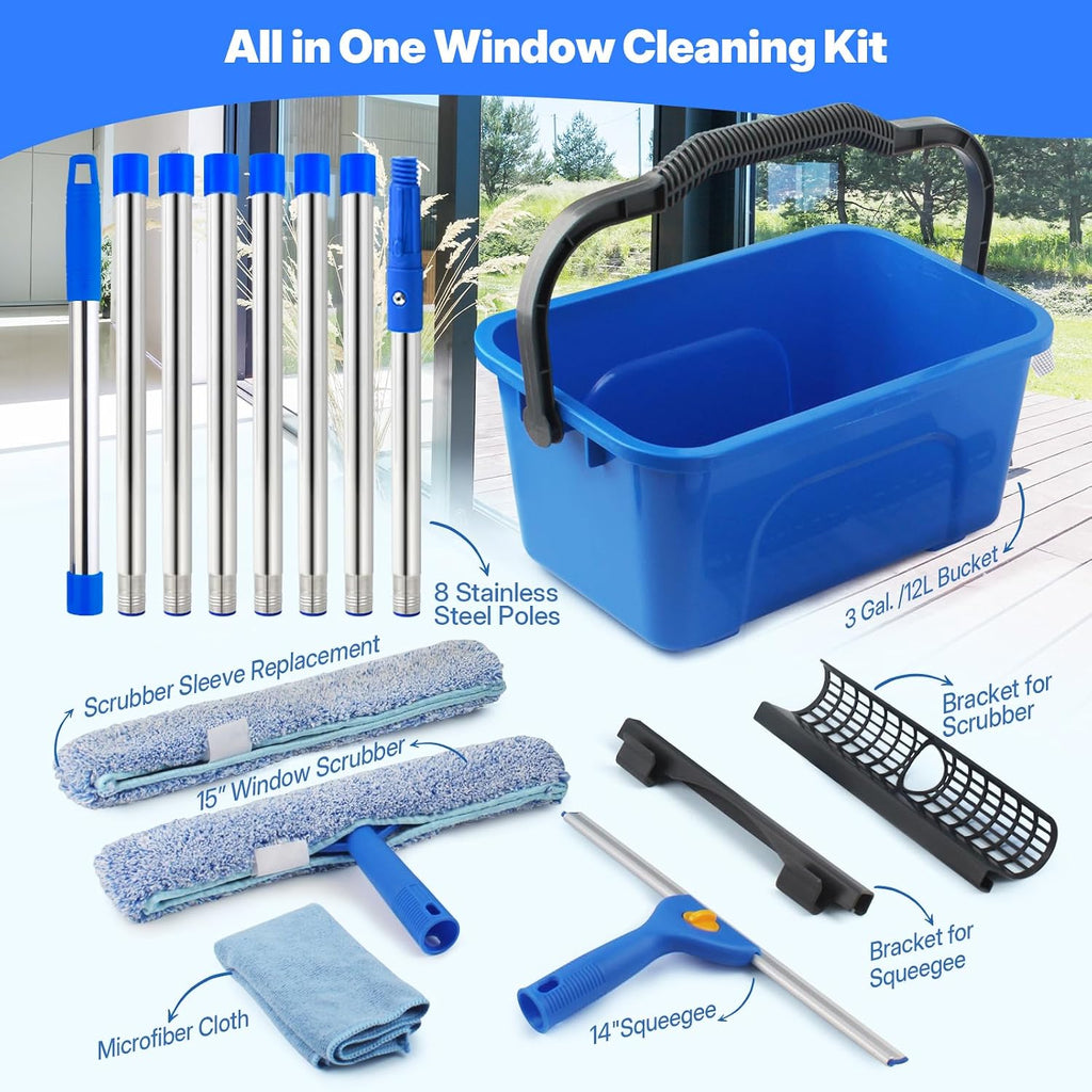 3m Professional Window Cleaning Kit with 12L Bucket – Long Handle Squeegee & Scrubber for High Windows