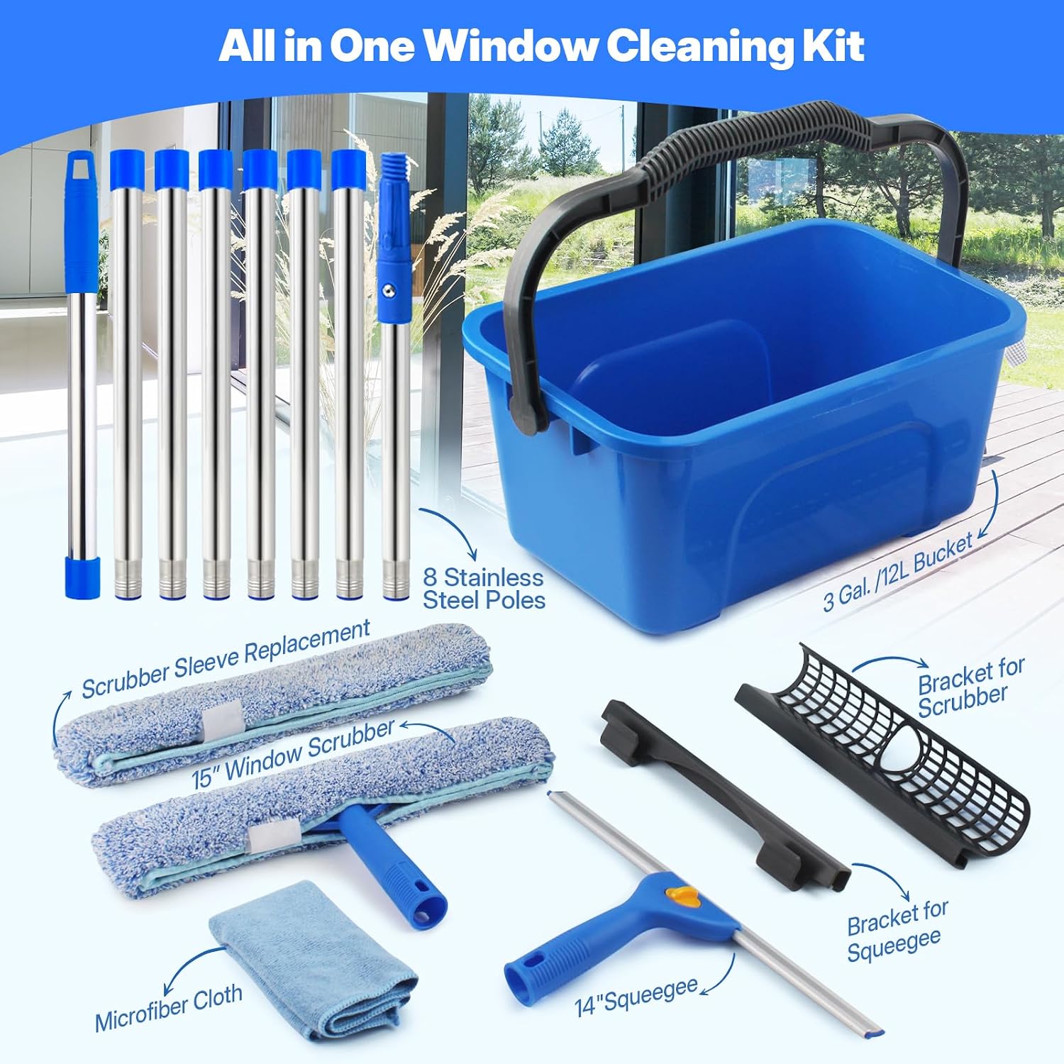 3m Professional Window Cleaning Kit with 12L Bucket – Long Handle Squeegee & Scrubber for High Windows