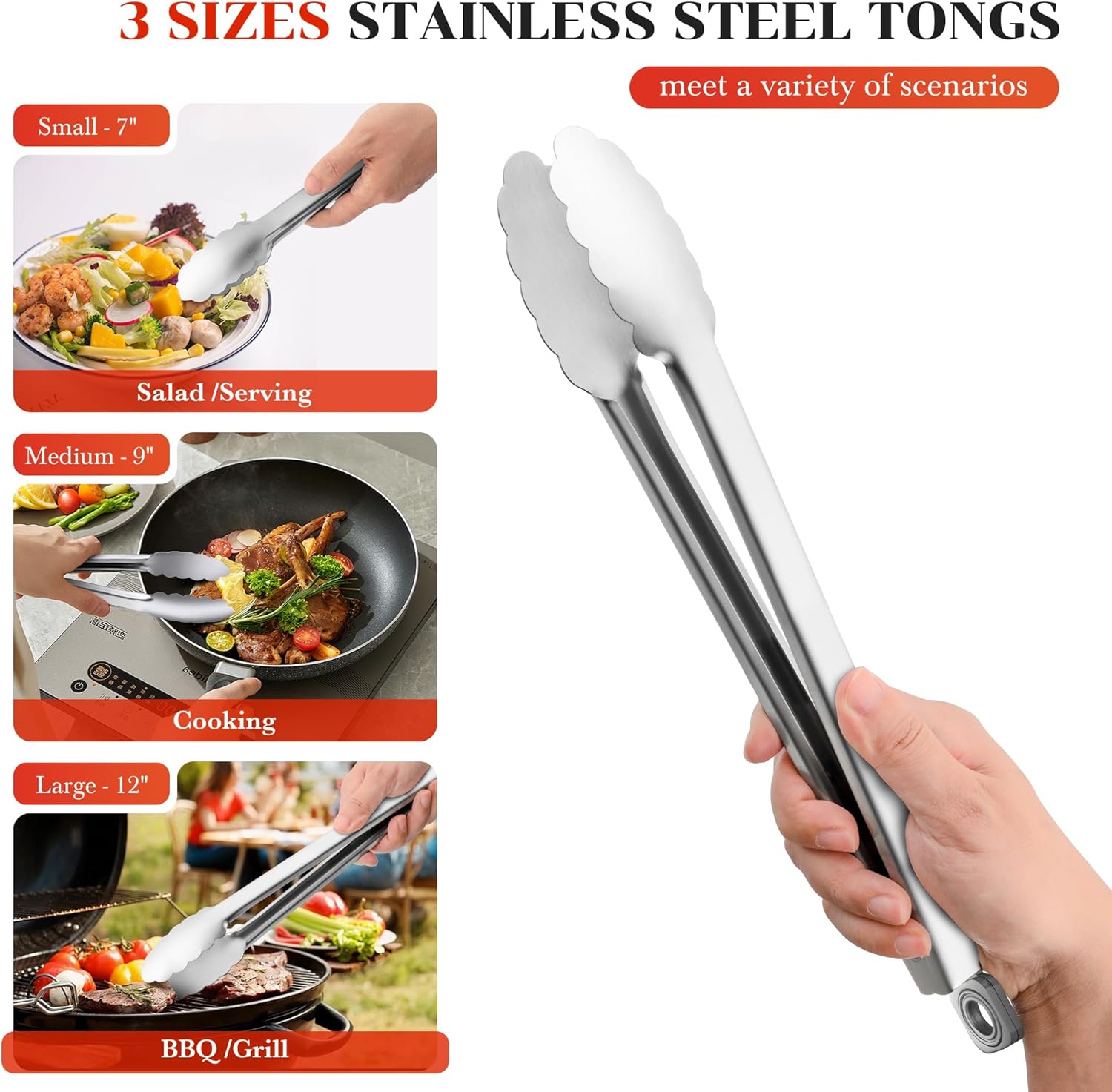 7/9/12 Inch Stainless Steel Kitchen Tongs – Heat Resistant Cooking & BBQ Grilling Tongs