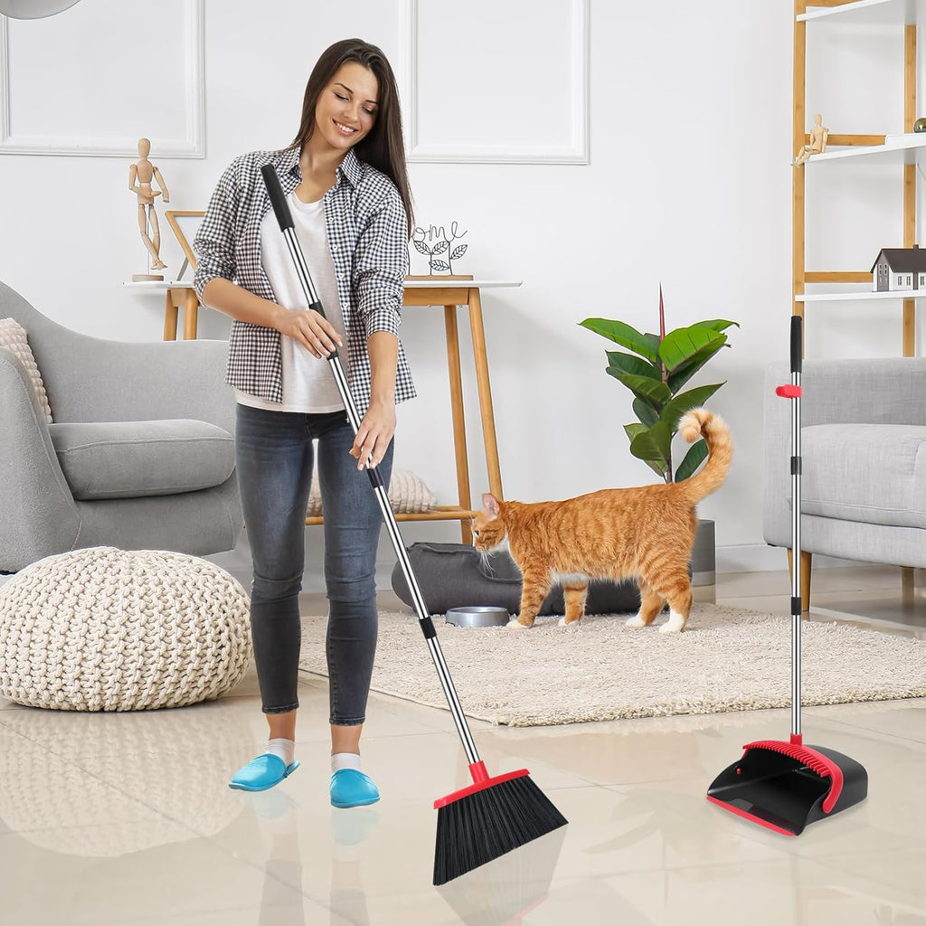 Adjustable Broom & Dustpan Set – 52" Long Handle Floor Sweeper with Built-In Hair Cleaning Teeth
