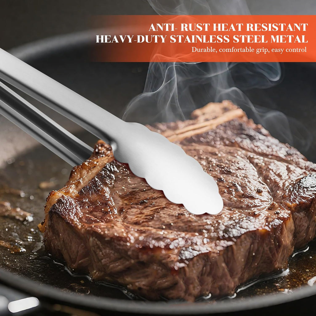 7/9/12 Inch Stainless Steel Kitchen Tongs – Heat Resistant Cooking & BBQ Grilling Tongs